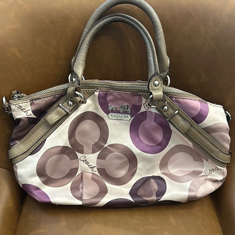 Coach Purple and Cream Satchel with Floral Design